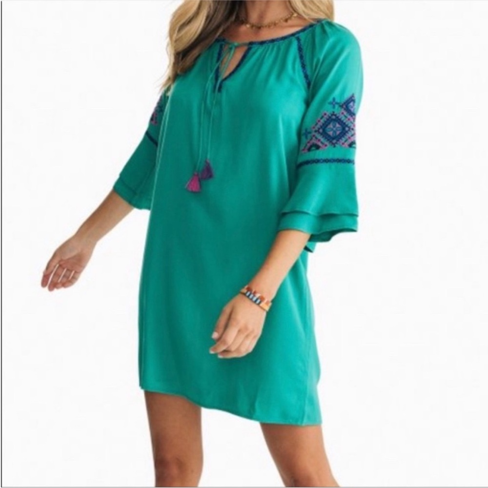 SOUTHERN TIDE Natalie EMBROIDERED bell sleeve DRESS pink/blue SIZE LARGE green